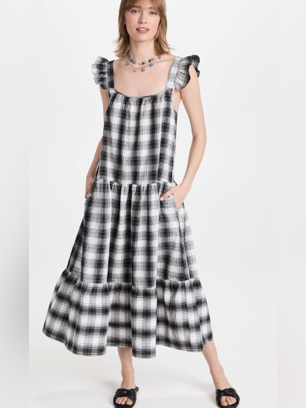 BB Dakota, medium, Prairie Life Dress is a black & white plaid maxi